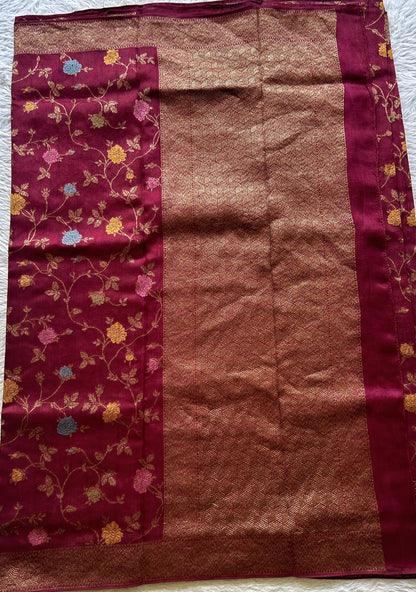 Banarasi Tussar Georgette Allover Saree Wine Colored Exquisite Zari Border. - Sampradaya Designer Studio