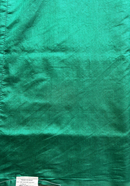 Semi Raw Silk Saree Rama Green Colored Elegantly paired with a Silver Zari Border. - Sampradaya Designer Studio