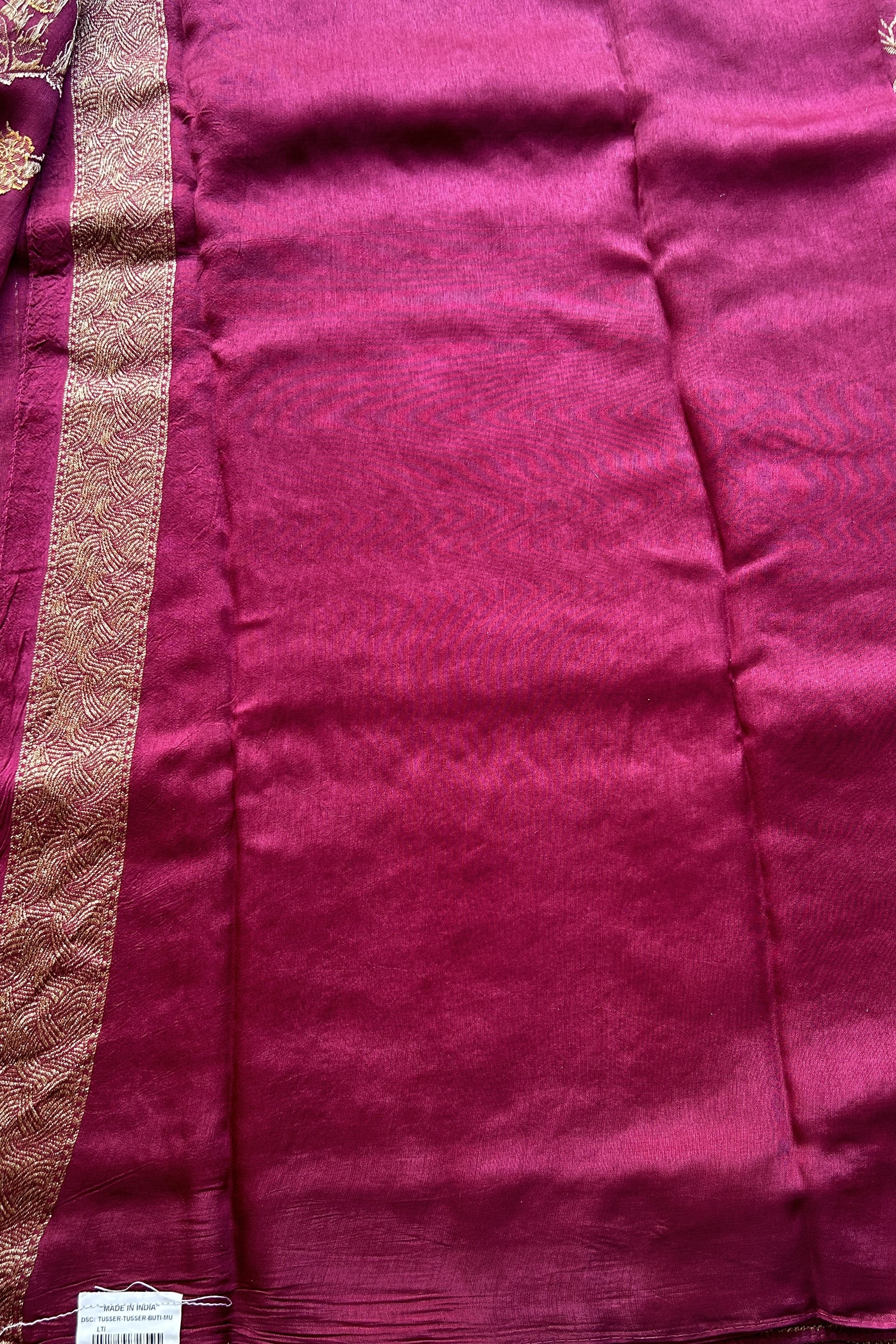 Banarasi Tussar Georgette Allover Saree Wine Colored Exquisite Zari Border. - Sampradaya Designer Studio