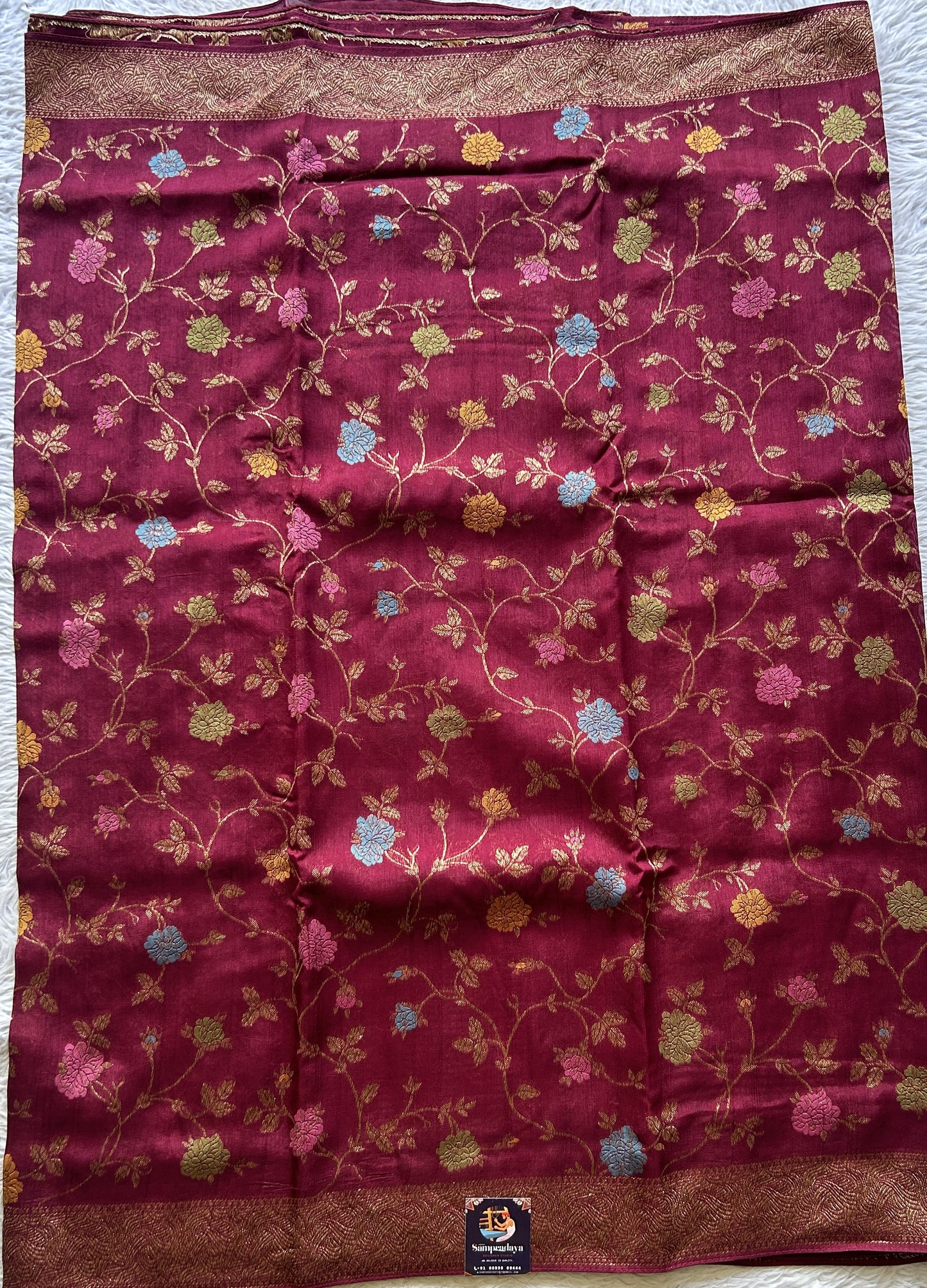 Banarasi Tussar Georgette Allover Saree Wine Colored Exquisite Zari Border. - Sampradaya Designer Studio