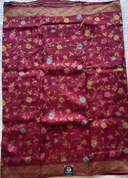 Banarasi Tussar Georgette Allover Saree Wine Colored Exquisite Zari Border. - Sampradaya Designer Studio