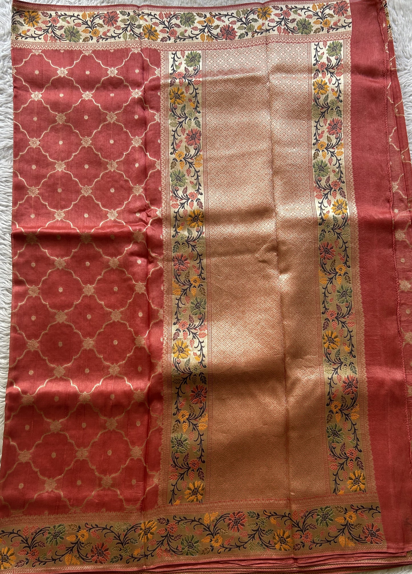 Banarasi Tussar Georgette Allover Saree Dark Peach Colored Exquisite Zari Border. - Sampradaya Designer Studio