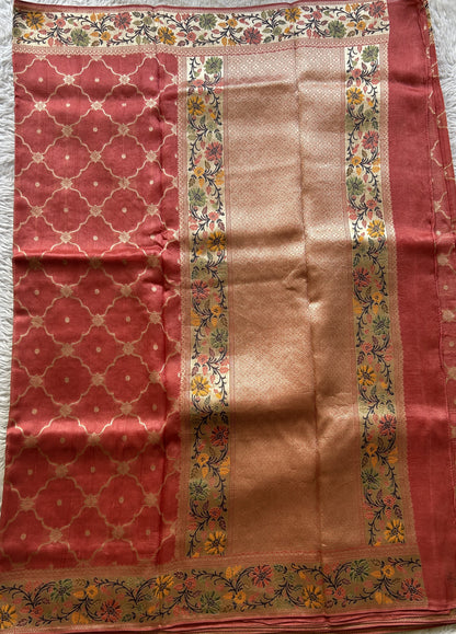 Banarasi Tussar Georgette Allover Saree Dark Peach Colored Exquisite Zari Border. - Sampradaya Designer Studio
