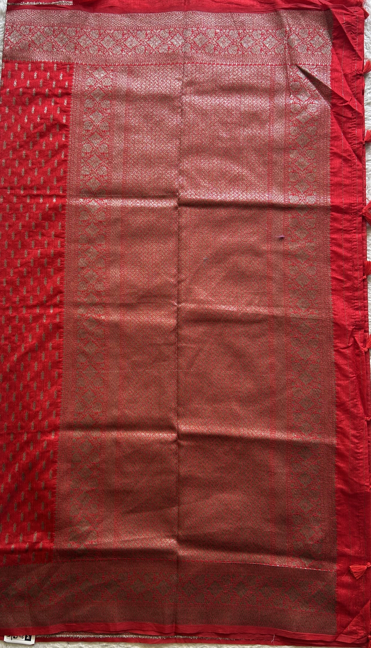Semi Raw Silk Saree Red Colored Elegantly paired with a Silver Zari Border. - Sampradaya Designer Studio