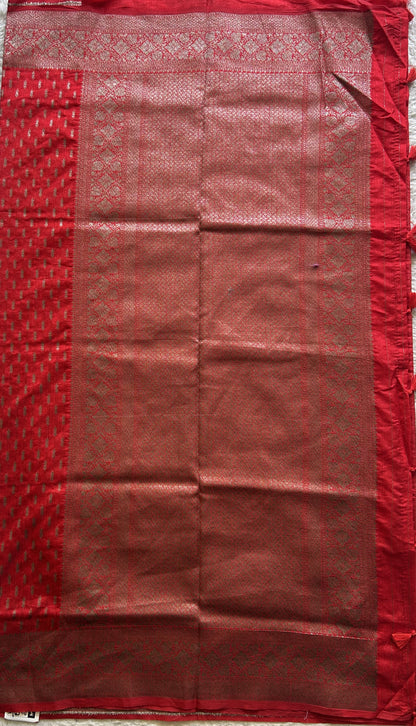 Semi Raw Silk Saree Red Colored Elegantly paired with a Silver Zari Border. - Sampradaya Designer Studio