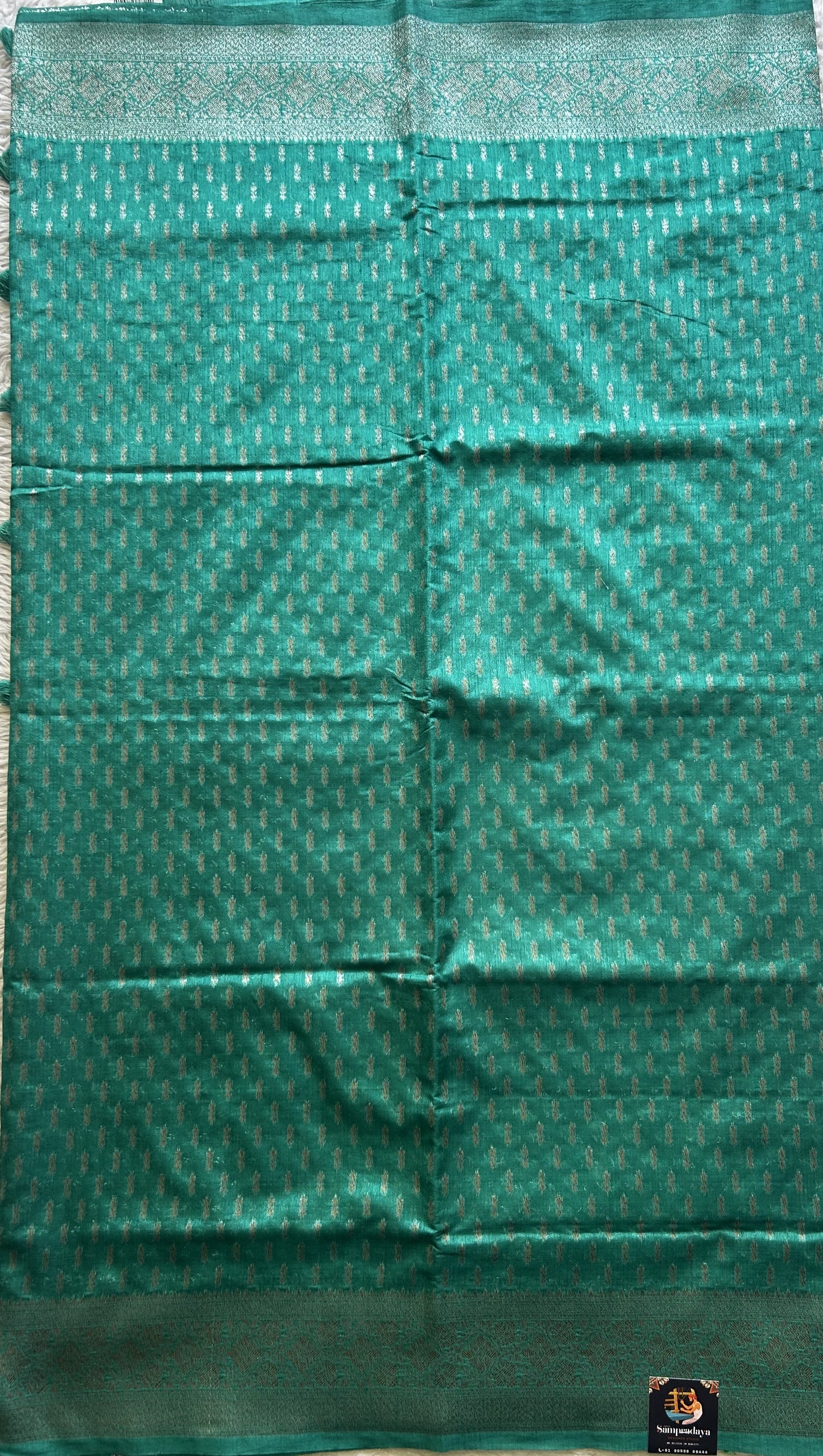 Semi Raw Silk Saree Rama Blue Colored Elegantly paired with a Silver Zari Border. - Sampradaya Designer Studio