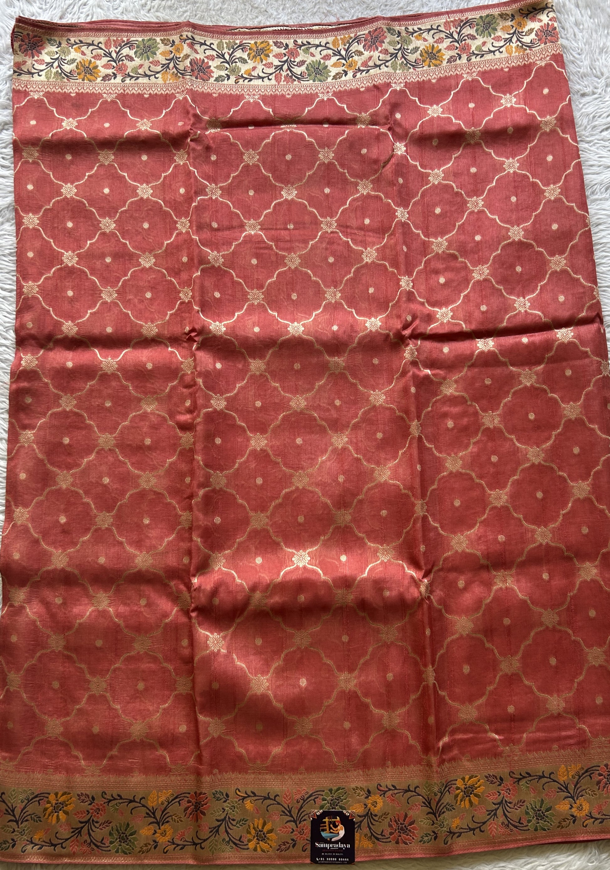 Banarasi Tussar Georgette Allover Saree Dark Peach Colored Exquisite Zari Border. - Sampradaya Designer Studio