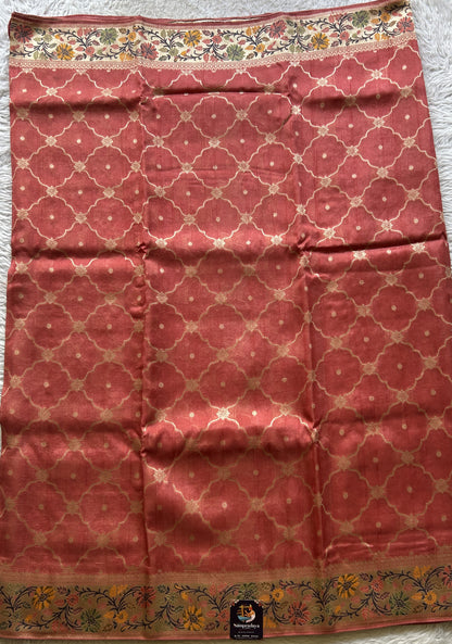 Banarasi Tussar Georgette Allover Saree Dark Peach Colored Exquisite Zari Border. - Sampradaya Designer Studio