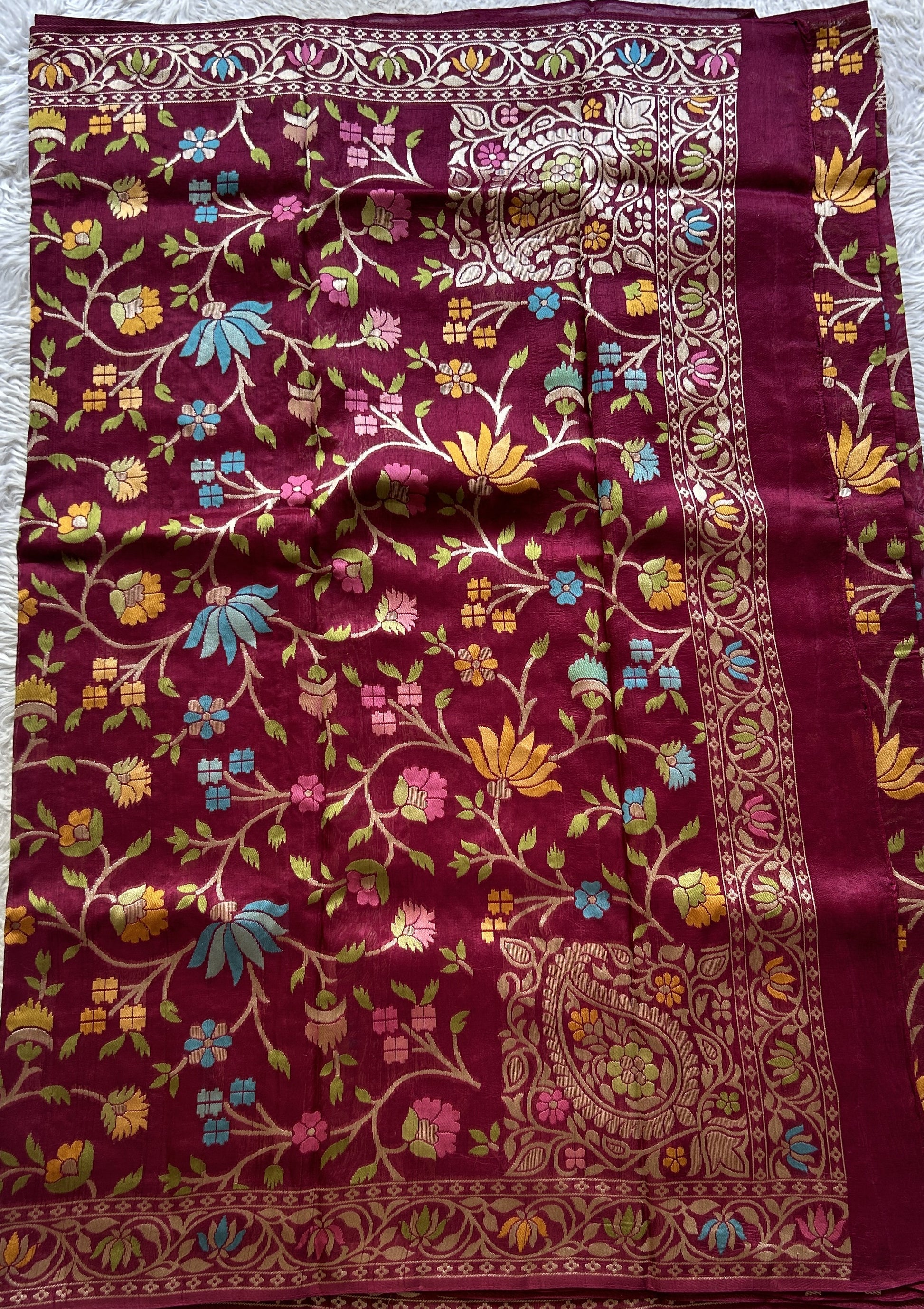 Banarasi Tussar Georgette Allover Saree Burgundy Colored Exquisite Zari Border. - Sampradaya Designer Studio