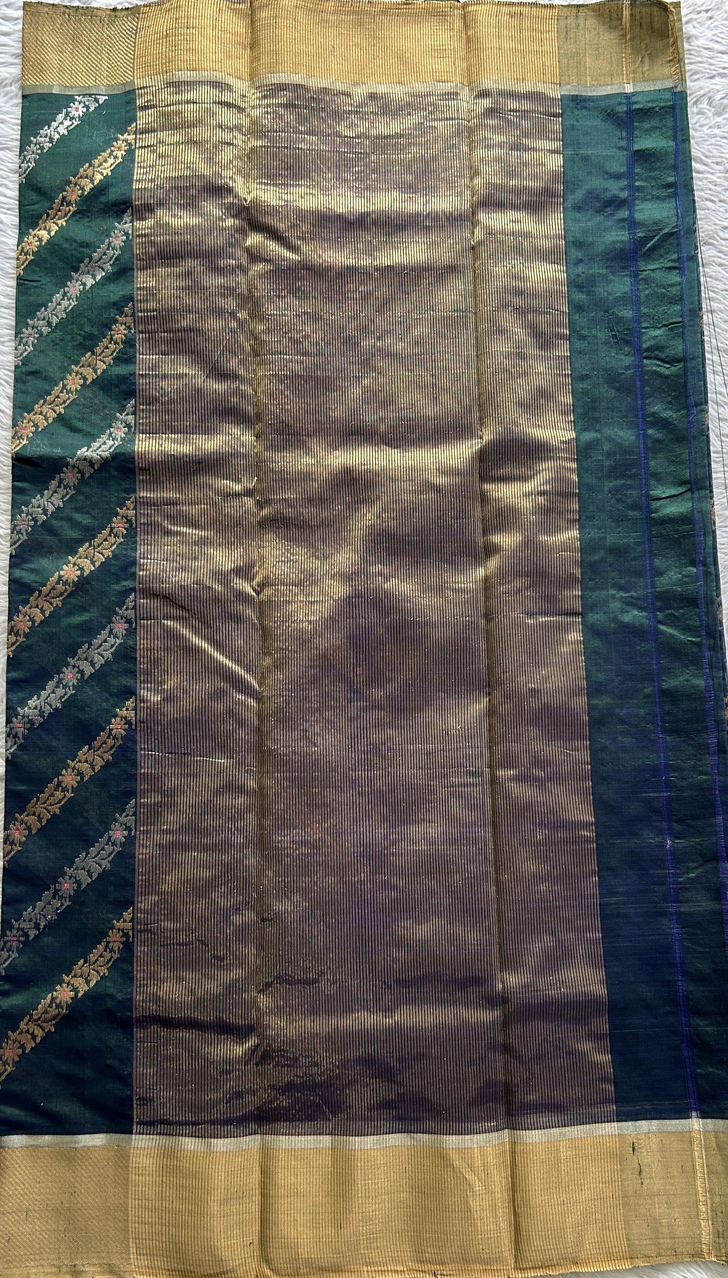 Chanderi Silk Saree Bottle Green Colored Complemented with a Silver Zari Border - Sampradaya Designer Studio