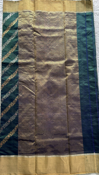 Chanderi Silk Saree Bottle Green Colored Complemented with a Silver Zari Border - Sampradaya Designer Studio