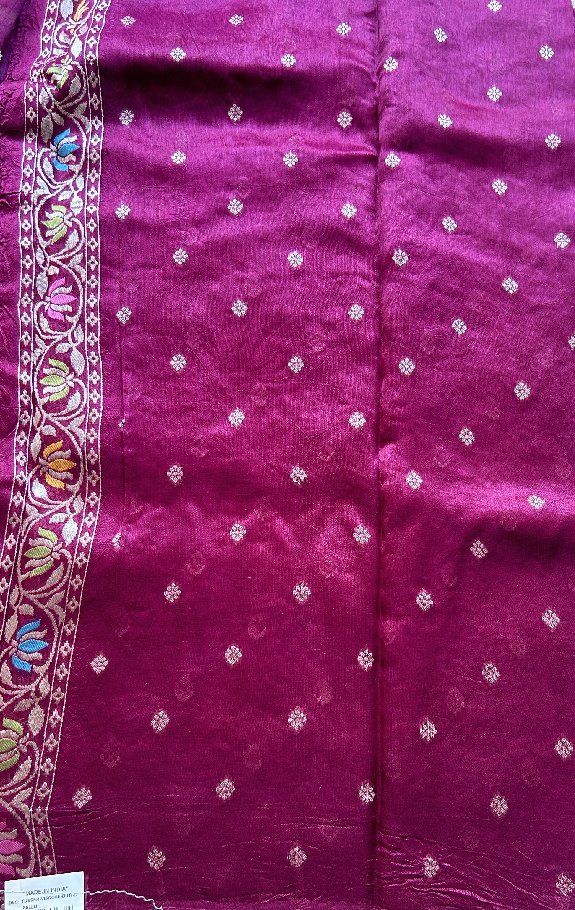 Banarasi Tussar Georgette Allover Saree Burgundy Colored Exquisite Zari Border. - Sampradaya Designer Studio