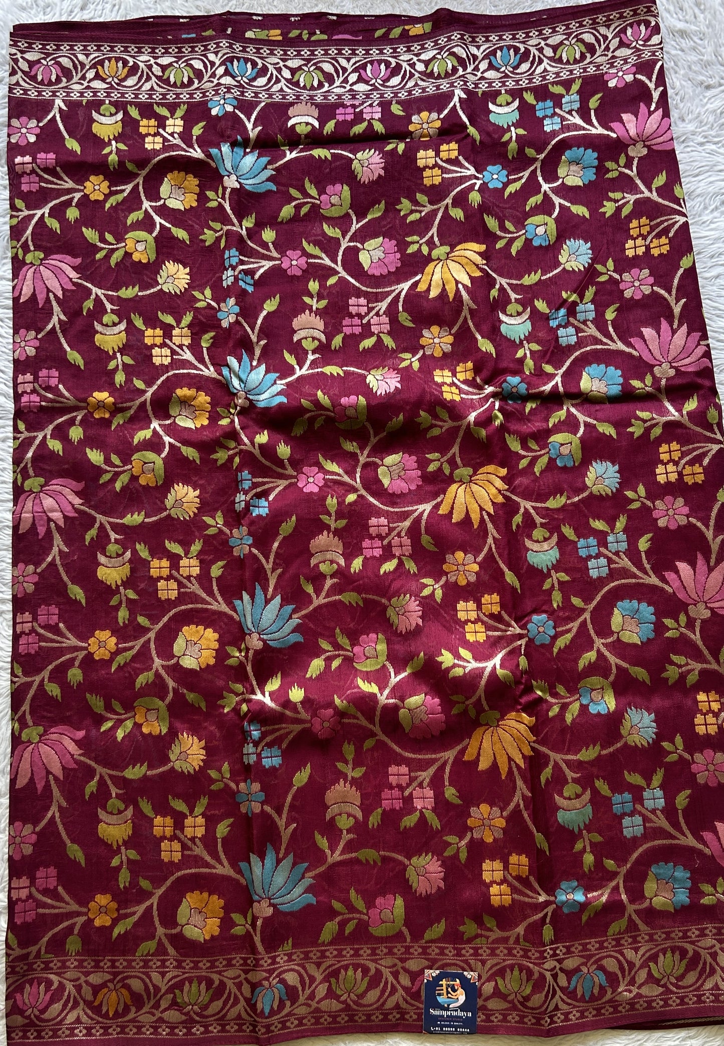 Banarasi Tussar Georgette Allover Saree Burgundy Colored Exquisite Zari Border. - Sampradaya Designer Studio