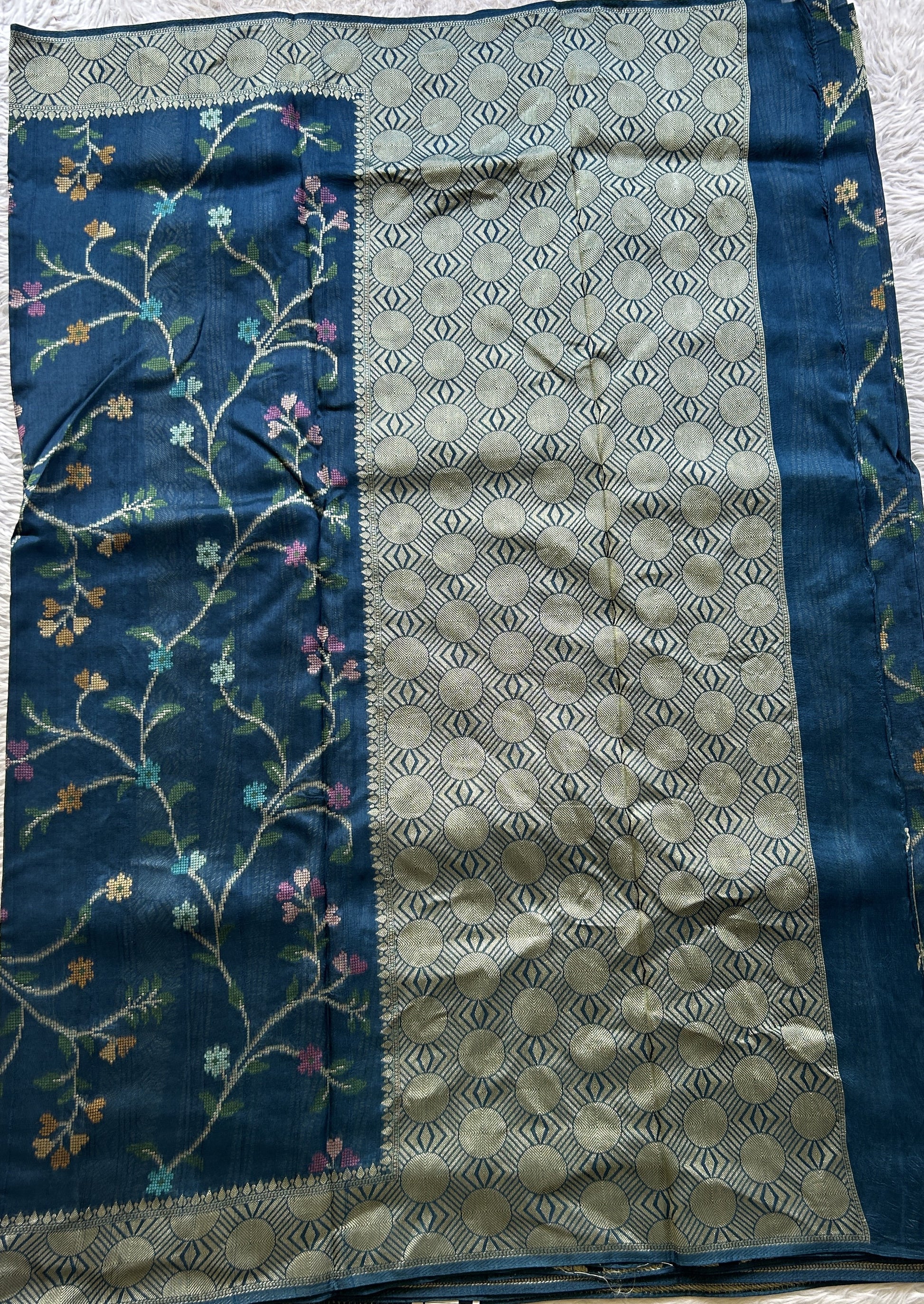 Banarasi Tussar Georgette Allover Saree Peacock Blue Colored Exquisite Zari Border. - Sampradaya Designer Studio