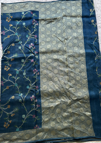 Banarasi Tussar Georgette Allover Saree Peacock Blue Colored Exquisite Zari Border. - Sampradaya Designer Studio
