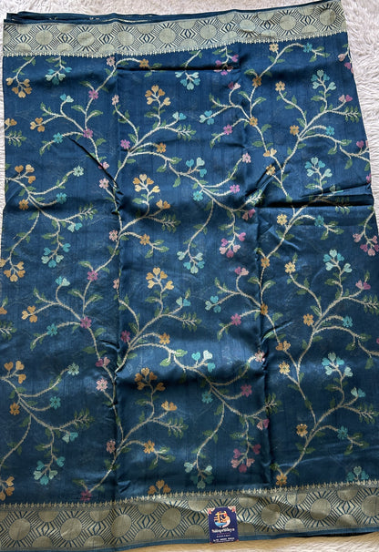 Banarasi Tussar Georgette Allover Saree Peacock Blue Colored Exquisite Zari Border. - Sampradaya Designer Studio