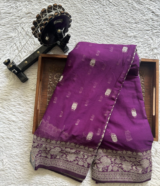 Semi Georgette Saree Indigo Colored Elegantly Paired with Silver Zari Border. - Sampradaya Designer Studio