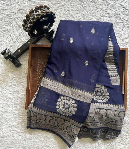 Semi Georgette Saree Pink Colored Elegantly Paired with Silver Zari Border. (Copy) - Sampradaya Designer Studio