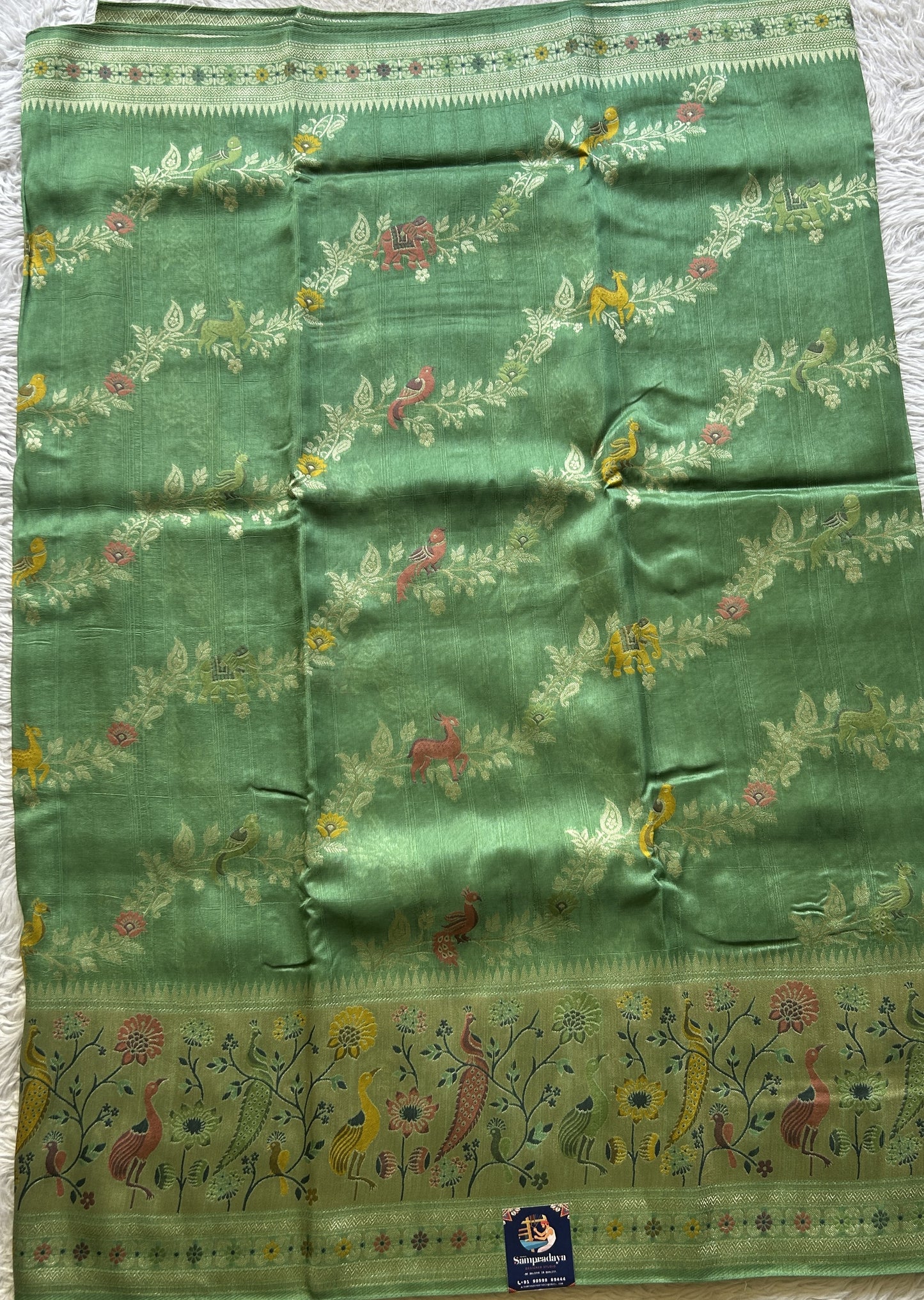 Banarasi Tussar Georgette Allover Saree Sea Green Colored Paired with a Zari Border. - Sampradaya Designer Studio