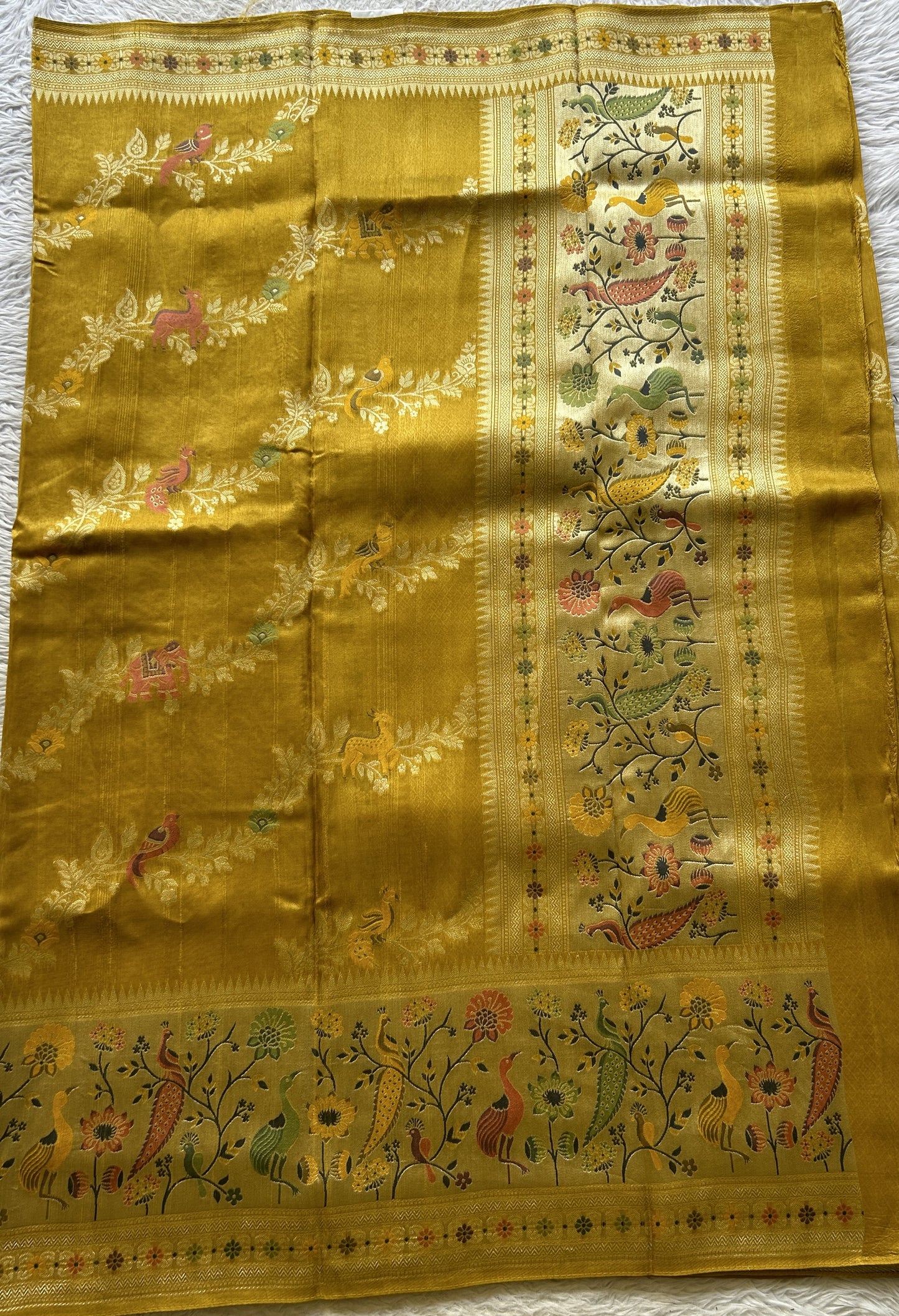 Banarasi Tussar Georgette Allover Saree Mustard Colored Paired with a Zari Border. - Sampradaya Designer Studio