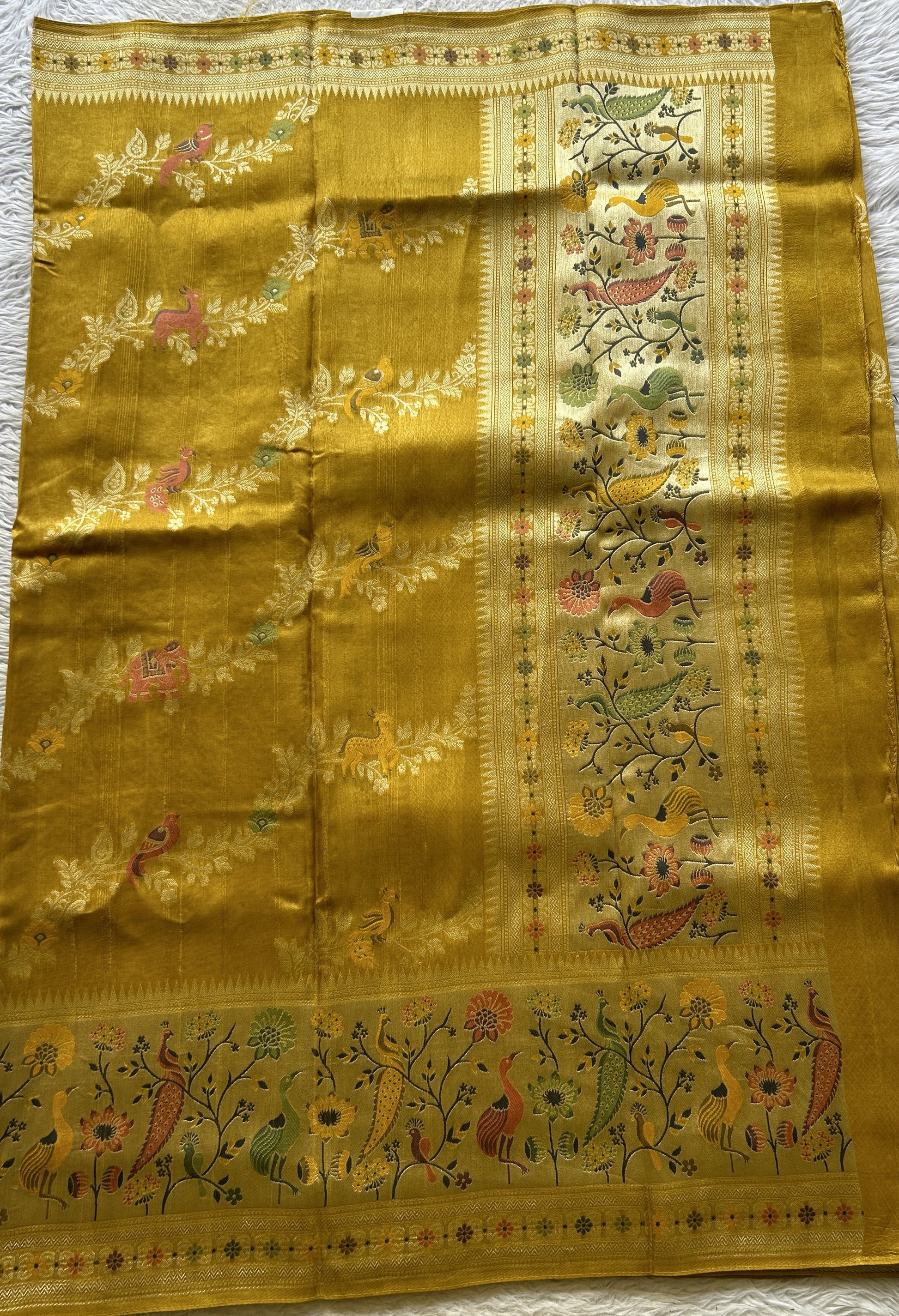 Banarasi Tussar Georgette Allover Saree Mustard Colored Paired with a Zari Border. - Sampradaya Designer Studio