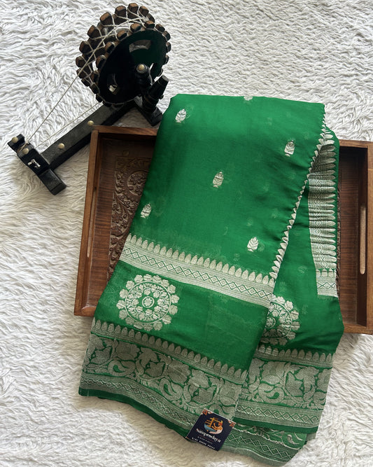 Semi Georgette Saree Light Green Colored Elegantly Paired with Silver Zari Border. (Copy) - Sampradaya Designer Studio
