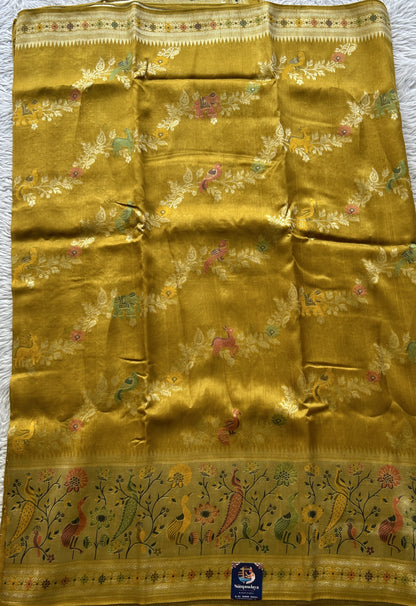 Banarasi Tussar Georgette Allover Saree Mustard Colored Paired with a Zari Border. - Sampradaya Designer Studio