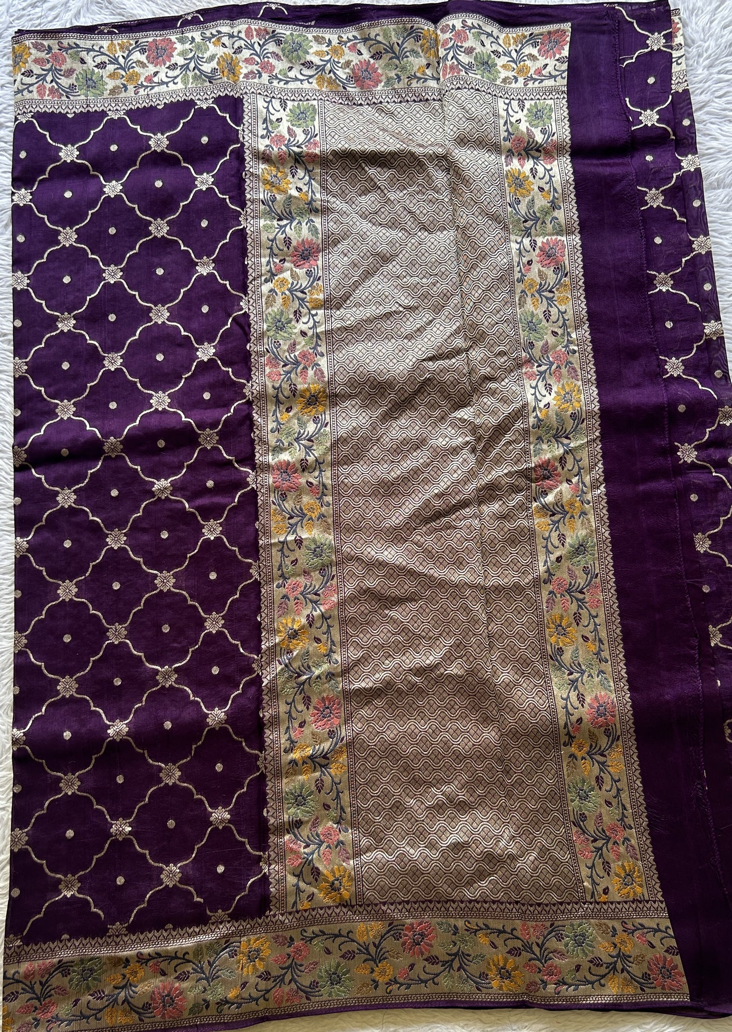 Banarasi Tussar Georgette Allover Saree Dark Purple Colored Paired with a Zari Border. - Sampradaya Designer Studio