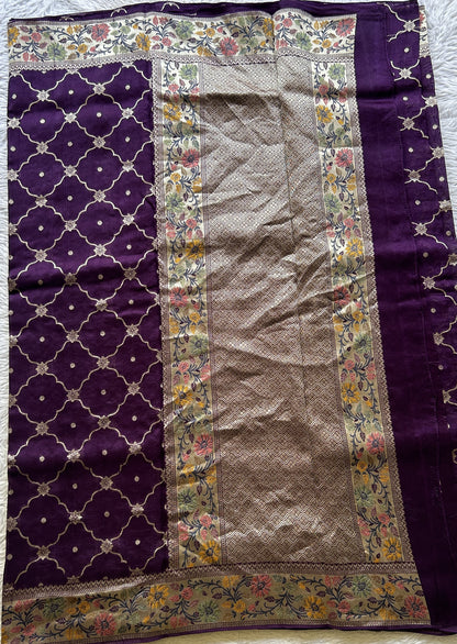 Banarasi Tussar Georgette Allover Saree Dark Purple Colored Paired with a Zari Border. - Sampradaya Designer Studio