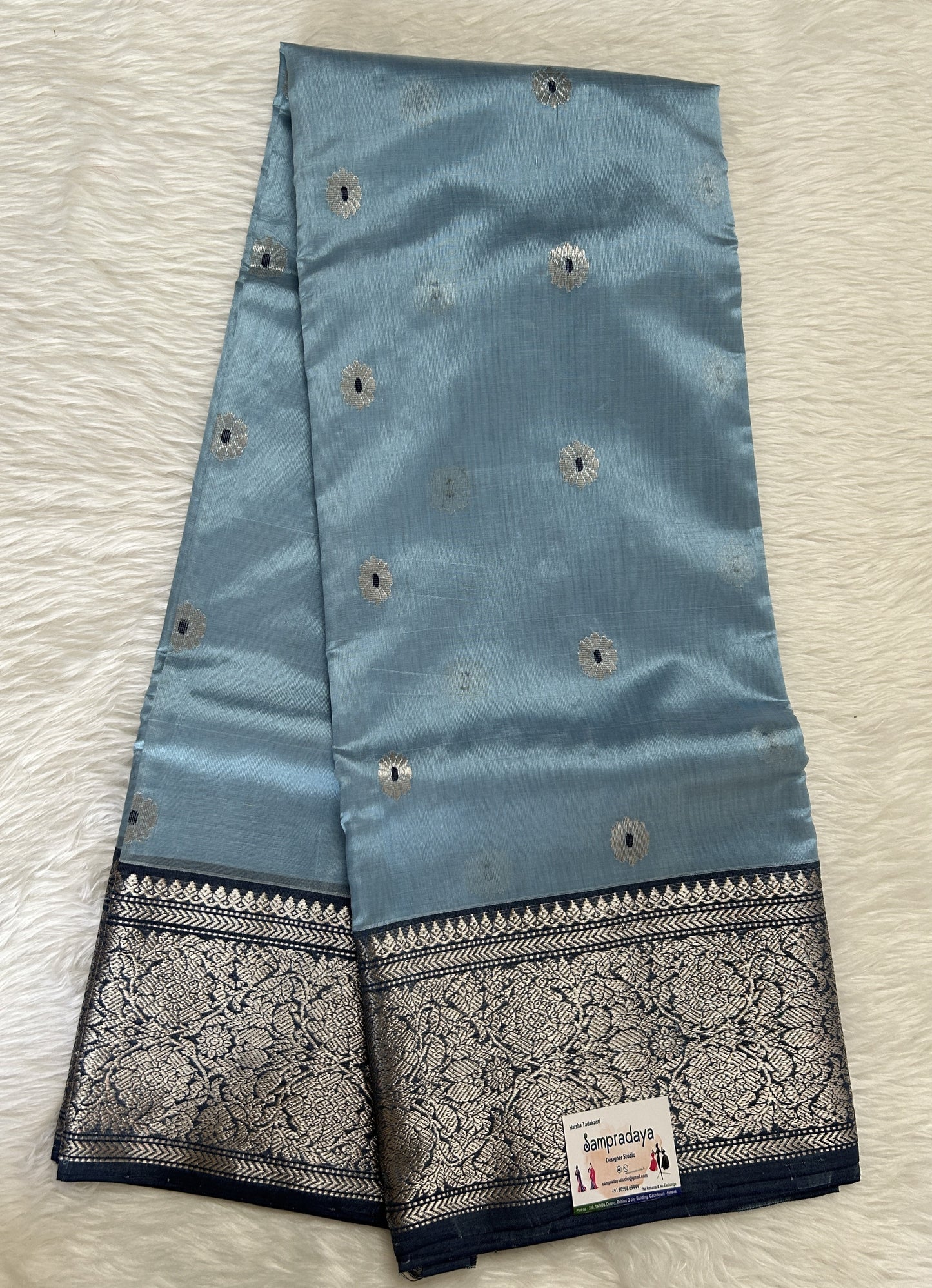 Chanderi Pattu Saree Light Blue colored saree complemented with a Prussian Blue Kanchi border - Sampradaya Designer Studio