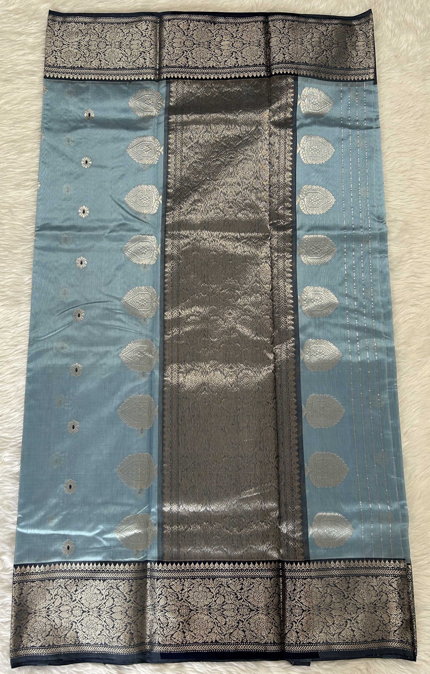 Chanderi Pattu Saree Light Blue colored saree complemented with a Prussian Blue Kanchi border - Sampradaya Designer Studio