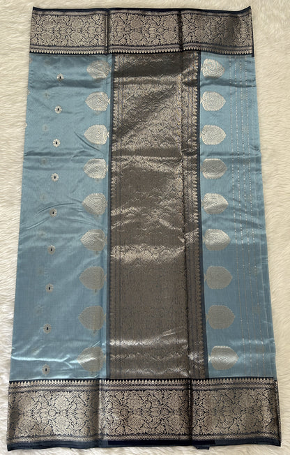 Chanderi Pattu Saree Light Blue colored saree complemented with a Prussian Blue Kanchi border - Sampradaya Designer Studio