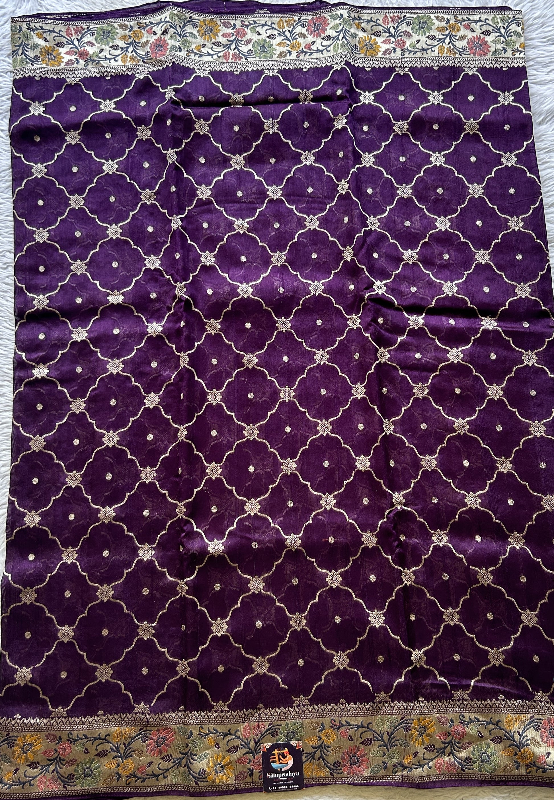 Banarasi Tussar Georgette Allover Saree Dark Purple Colored Paired with a Zari Border. - Sampradaya Designer Studio