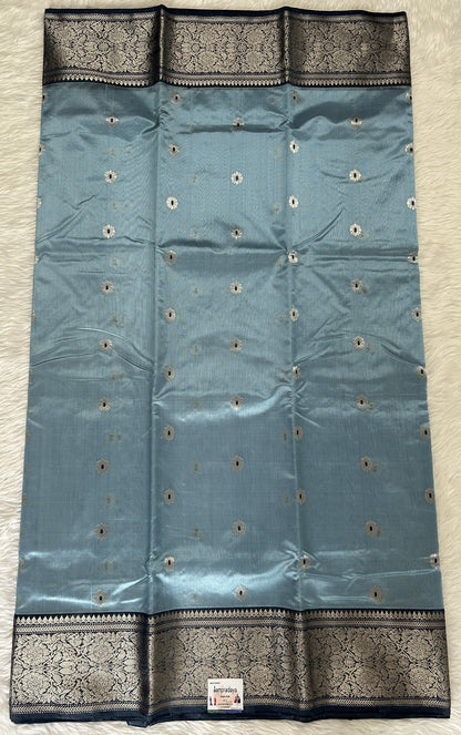 Chanderi Pattu Saree Light Blue colored saree complemented with a Prussian Blue Kanchi border - Sampradaya Designer Studio