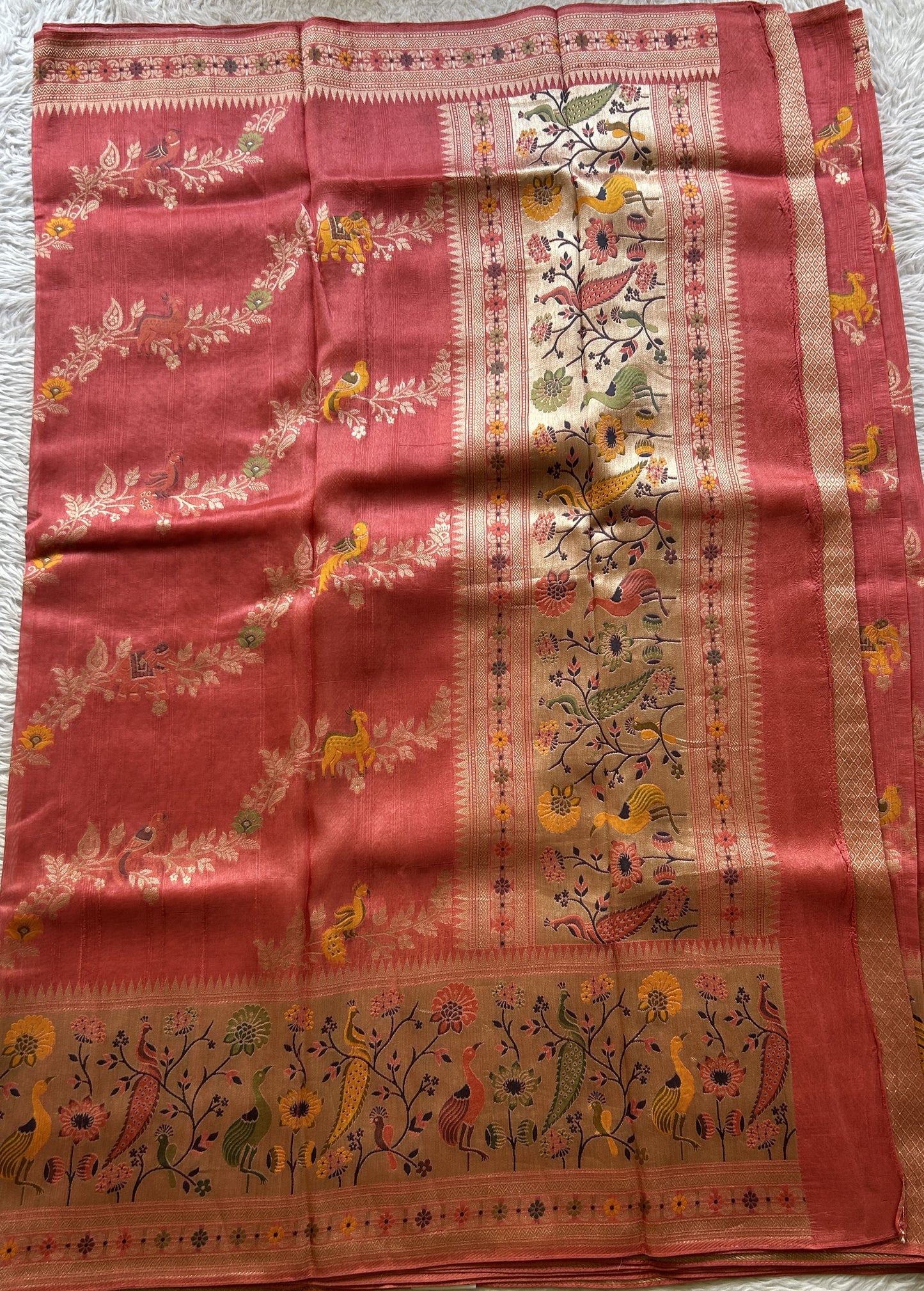 Banarasi Tussar Georgette Allover Saree Peach Colored Paired with a Zari Border. - Sampradaya Designer Studio