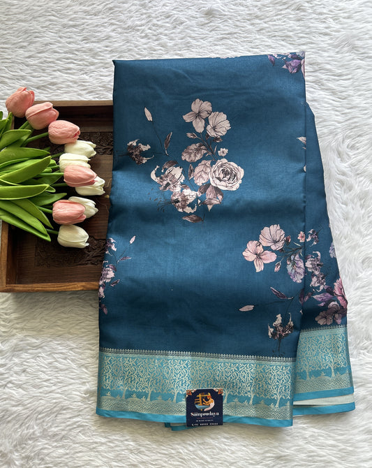 Semi Raw Silk Saree Teal Blue Colored Complemented with a Zari Border. - Sampradaya Designer Studio
