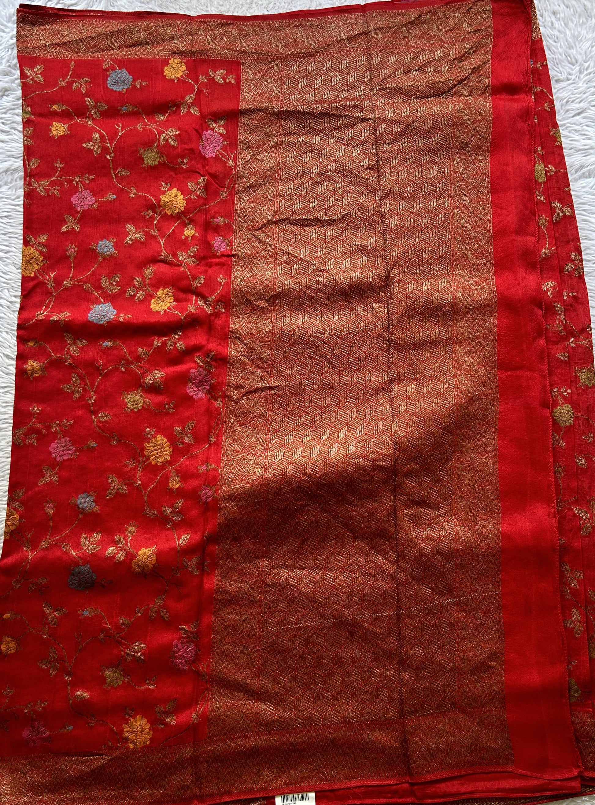 Banarasi Tussar Georgette Allover Saree Red Colored Paired with a Zari Border. - Sampradaya Designer Studio