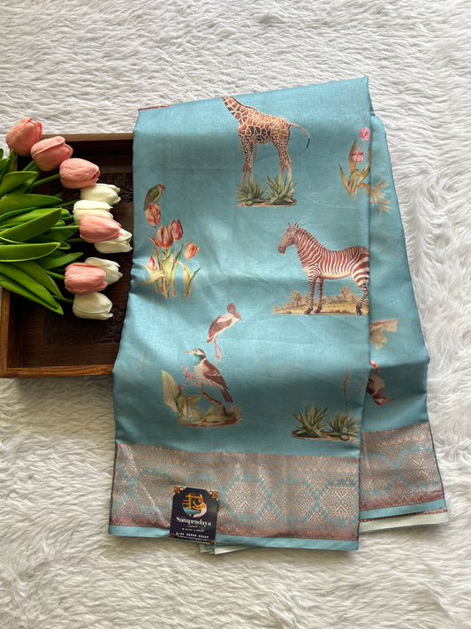 Semi Raw Silk Saree Sky Blue Colored Complemented with a Zari Border. - Sampradaya Designer Studio