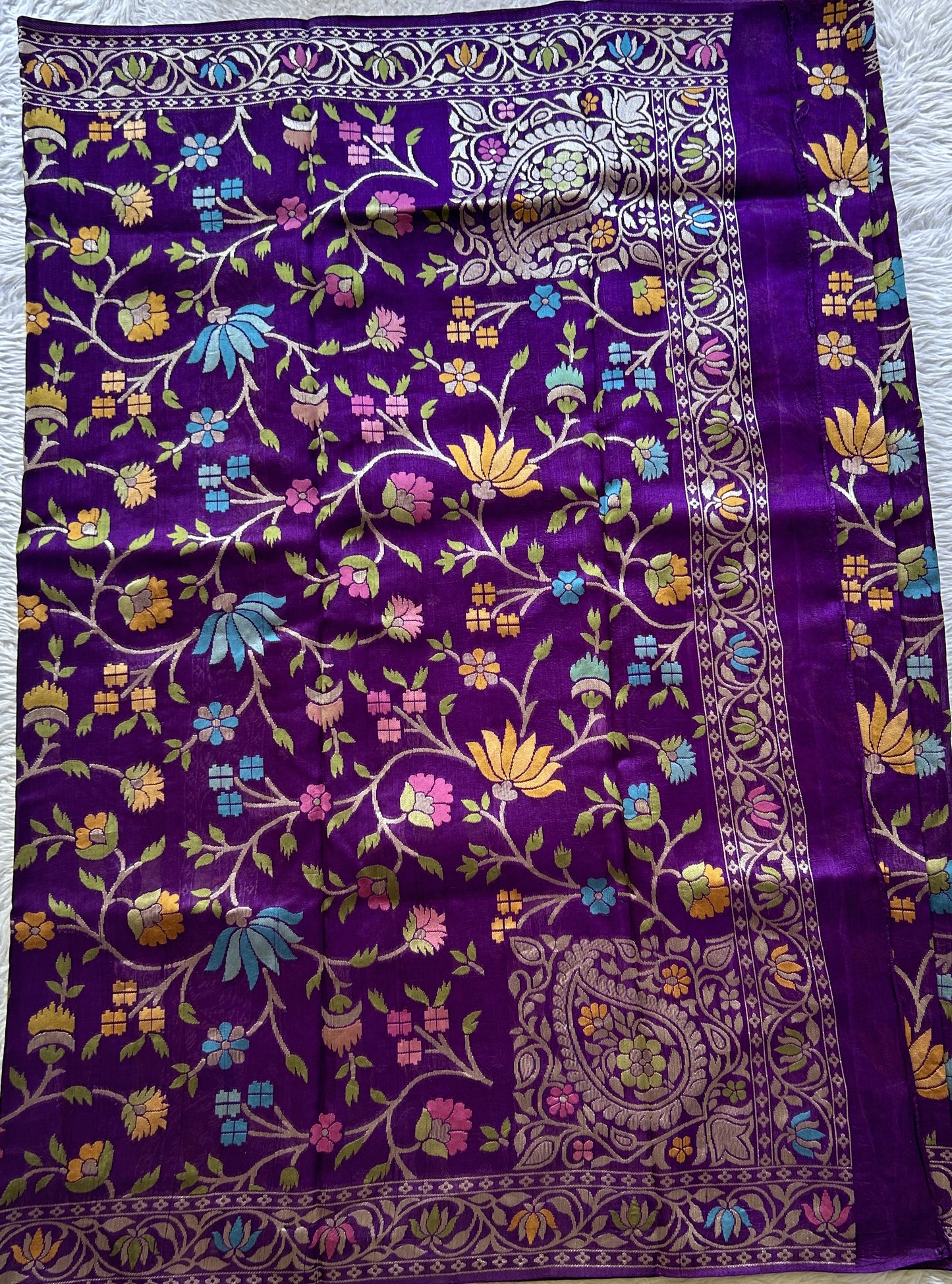 Banarasi Tussar Georgette Allover Saree Deep Violet Colored Paired with a Zari Border. - Sampradaya Designer Studio