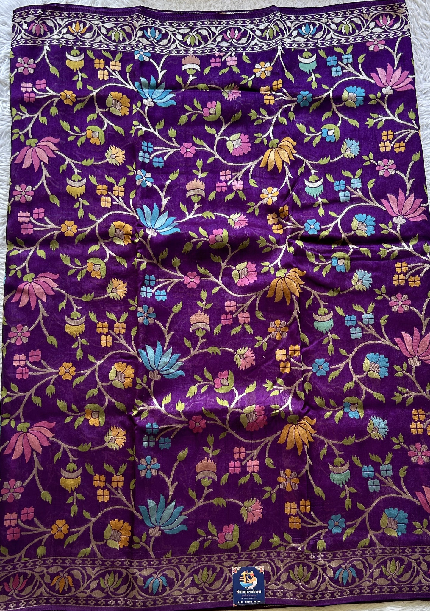 Banarasi Tussar Georgette Allover Saree Deep Violet Colored Paired with a Zari Border. - Sampradaya Designer Studio