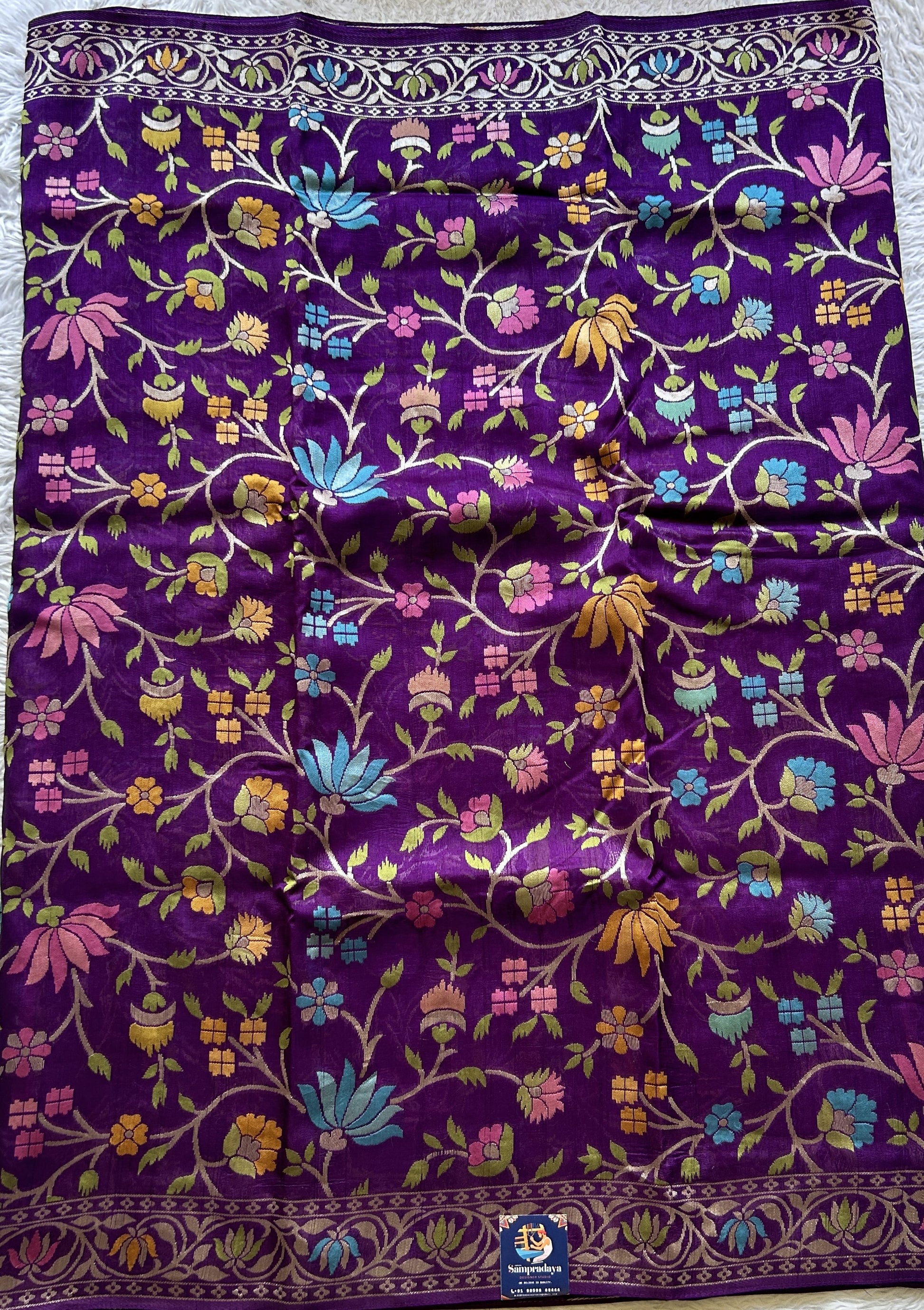 Banarasi Tussar Georgette Allover Saree Deep Violet Colored Paired with a Zari Border. - Sampradaya Designer Studio