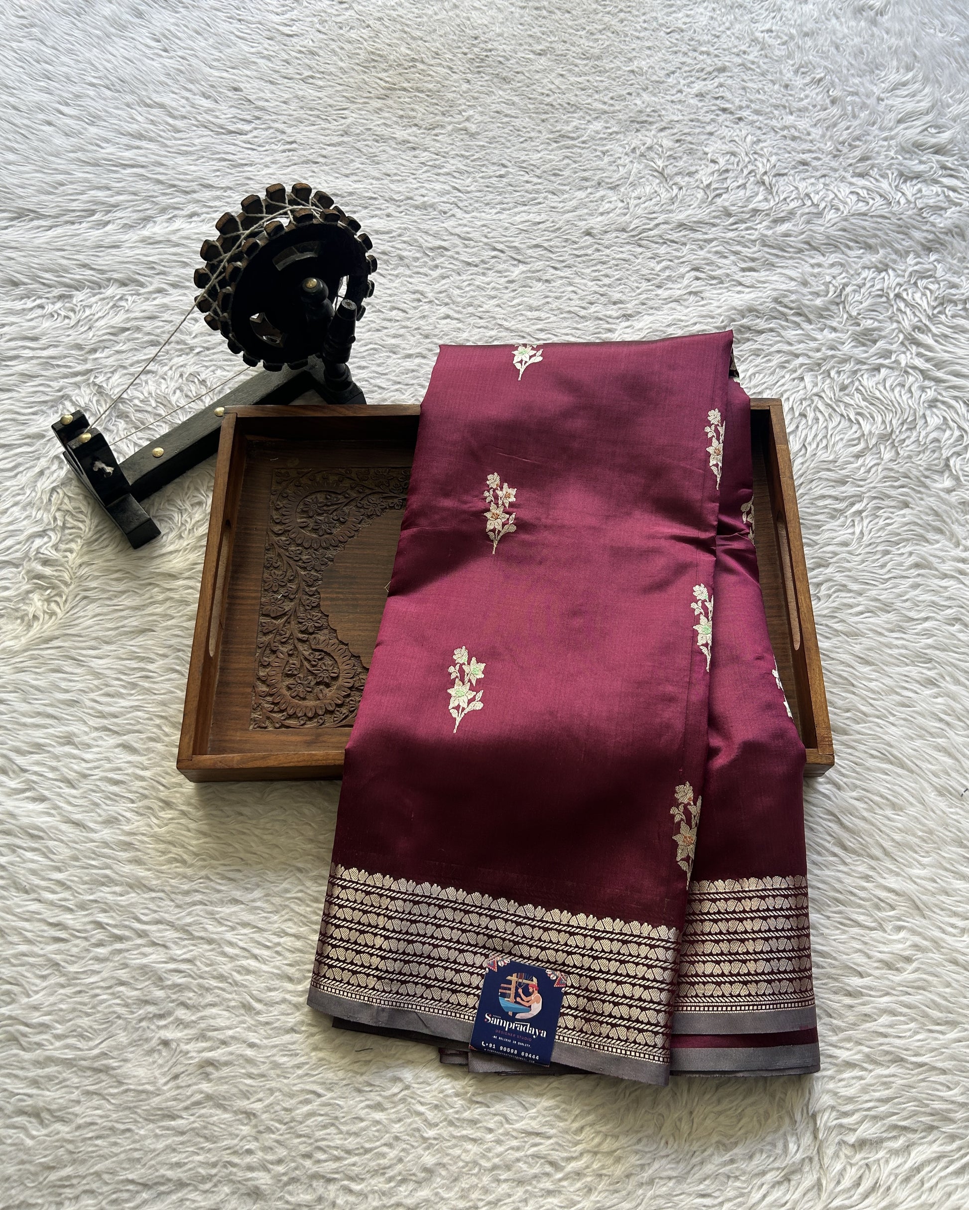 Banarasi Katan Silk Saree Burgundy Colored Elegantly Paired with a Zari border. - Sampradaya Designer Studio