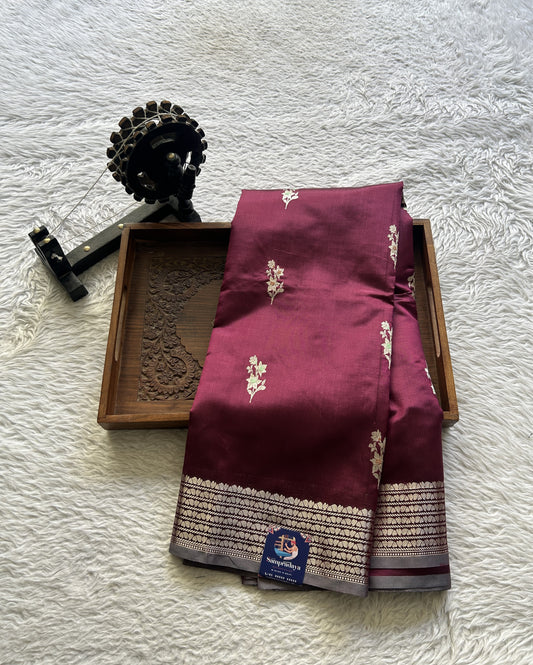 Banarasi Katan Silk Saree Burgundy Colored Elegantly Paired with a Zari border. - Sampradaya Designer Studio