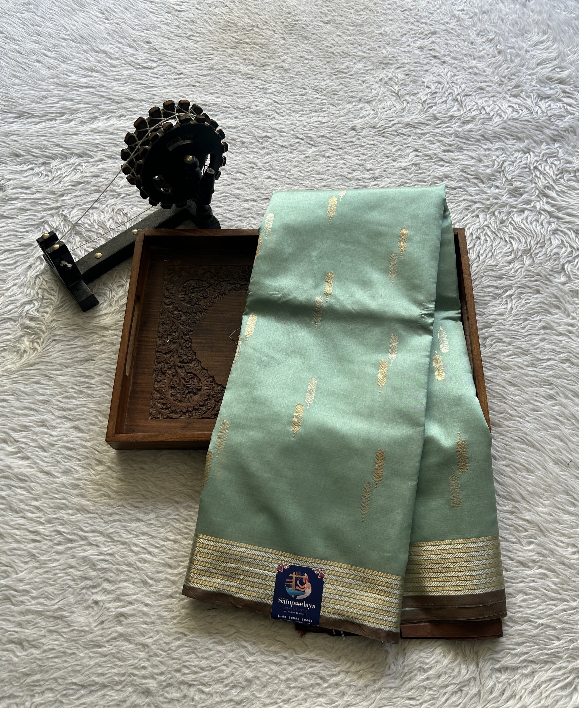 Banarasi Katan Silk Saree Sea Blue Colored Elegantly Paired with a Zari border. - Sampradaya Designer Studio