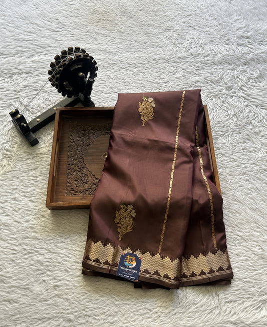 Banarasi Katan Silk Saree Brown Colored Elegantly Paired with a Zari border. - Sampradaya Designer Studio