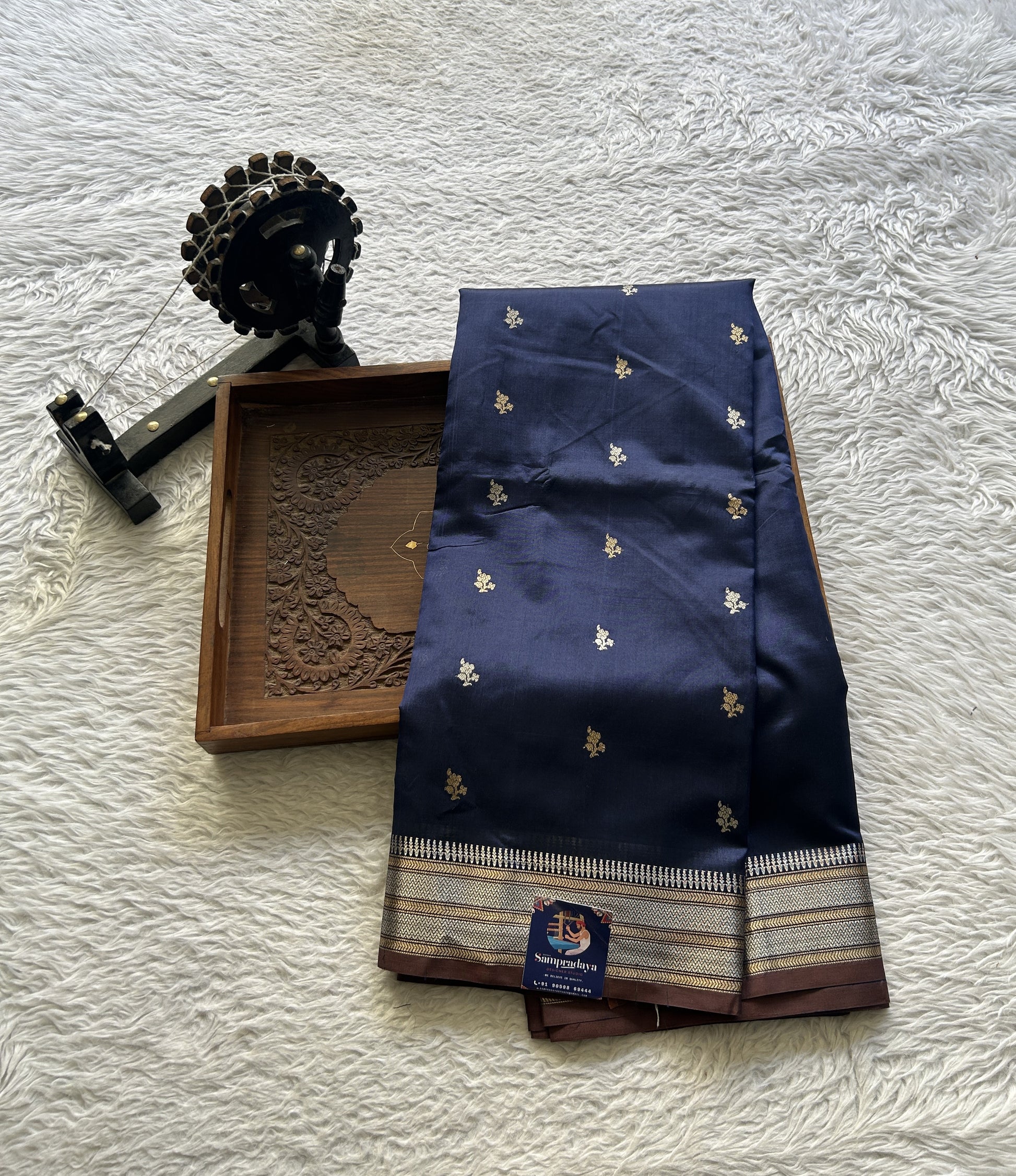 Banarasi Katan Silk Saree Ink Blue Colored Elegantly Paired with a Zari border. - Sampradaya Designer Studio