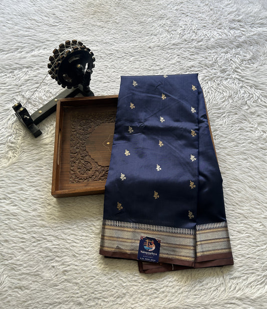 Banarasi Katan Silk Saree Ink Blue Colored Elegantly Paired with a Zari border. - Sampradaya Designer Studio