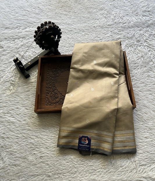 Banarasi Katan Silk Saree Beige Colored Elegantly Paired with a Zari border. - Sampradaya Designer Studio