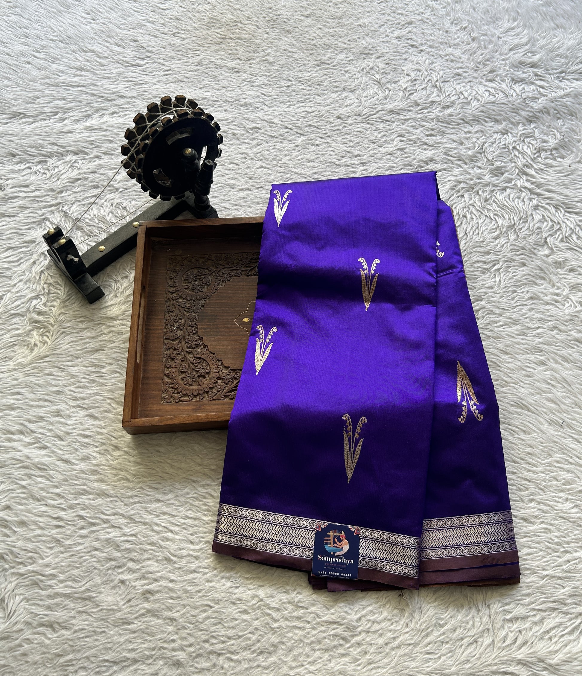 Banarasi Katan Silk Saree Royal Blue Colored Elegantly Paired with a Zari border. - Sampradaya Designer Studio