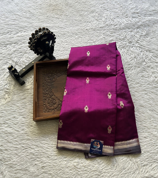 Banarasi Katan Silk Saree Dark Pink Colored Elegantly Paired with a Zari border. - Sampradaya Designer Studio